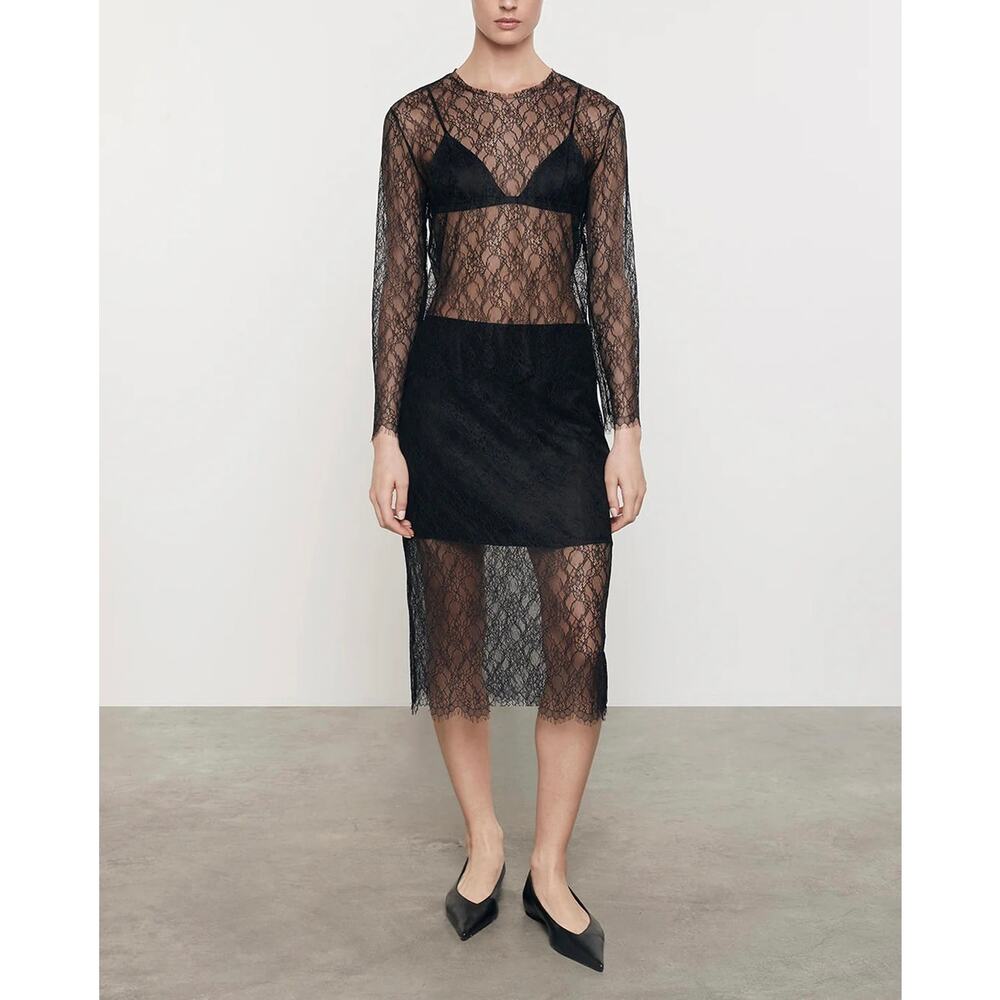 ENZA COSTA Lace Long Sleeve Top Womens Small Black Crew Long Sleeve Sheer NEW